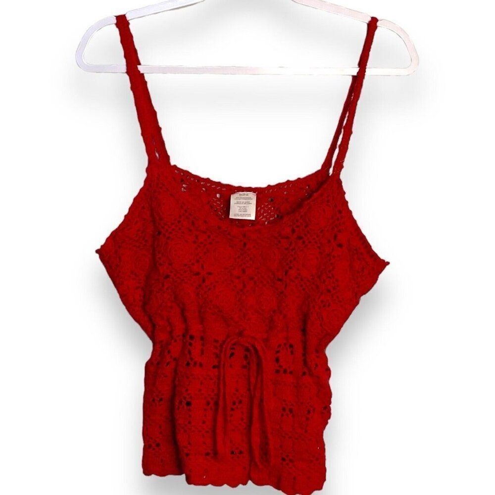 Avon Crochet Knit Spaghetti Strap Crop Top Women's XL Red Vintage Boho Festival